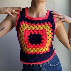 Vintage Handmade Crochet Granny Square Top XS